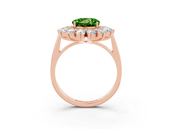 Rose gold Round Cut Peridot Floral Double Halo Engagement Ring with Prong Setting