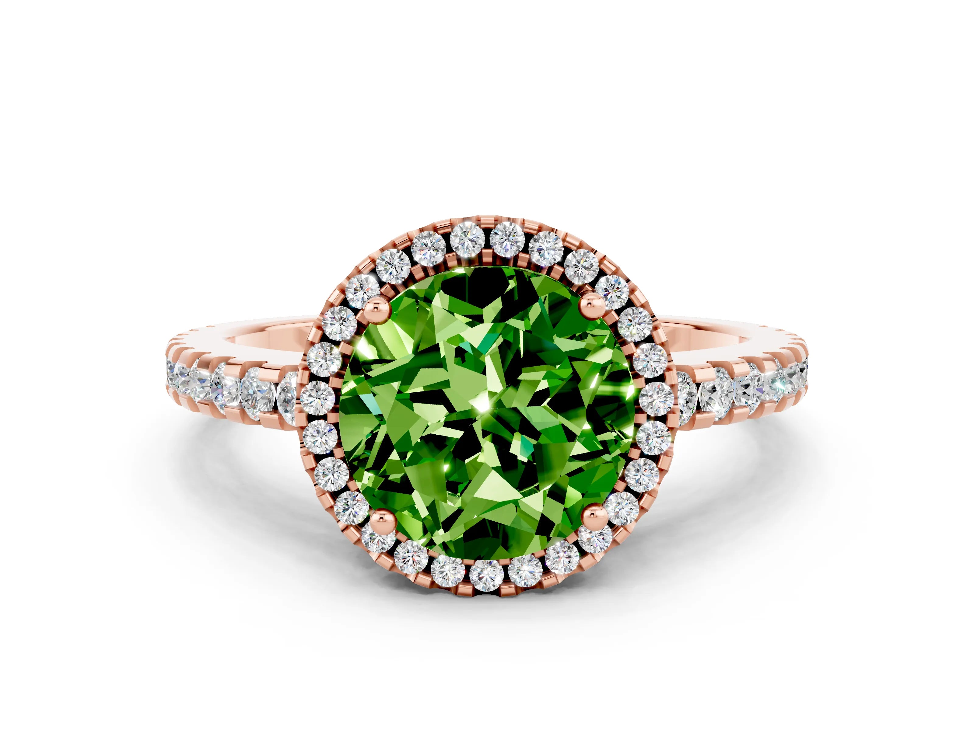 Rose gold Round Cut Peridot Halo Engagement Ring with Pavé Band and Prong Setting_12