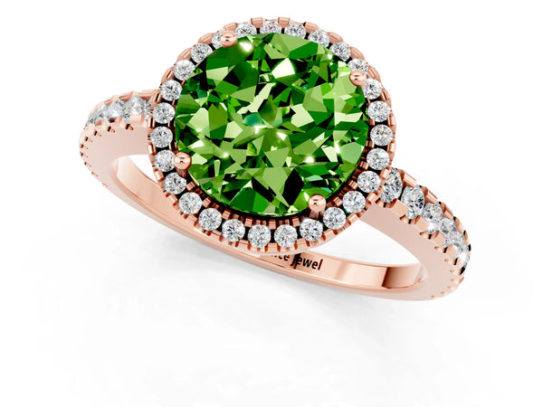 Rose gold Round Cut Peridot Halo Engagement Ring with Pavé Band and Prong Setting