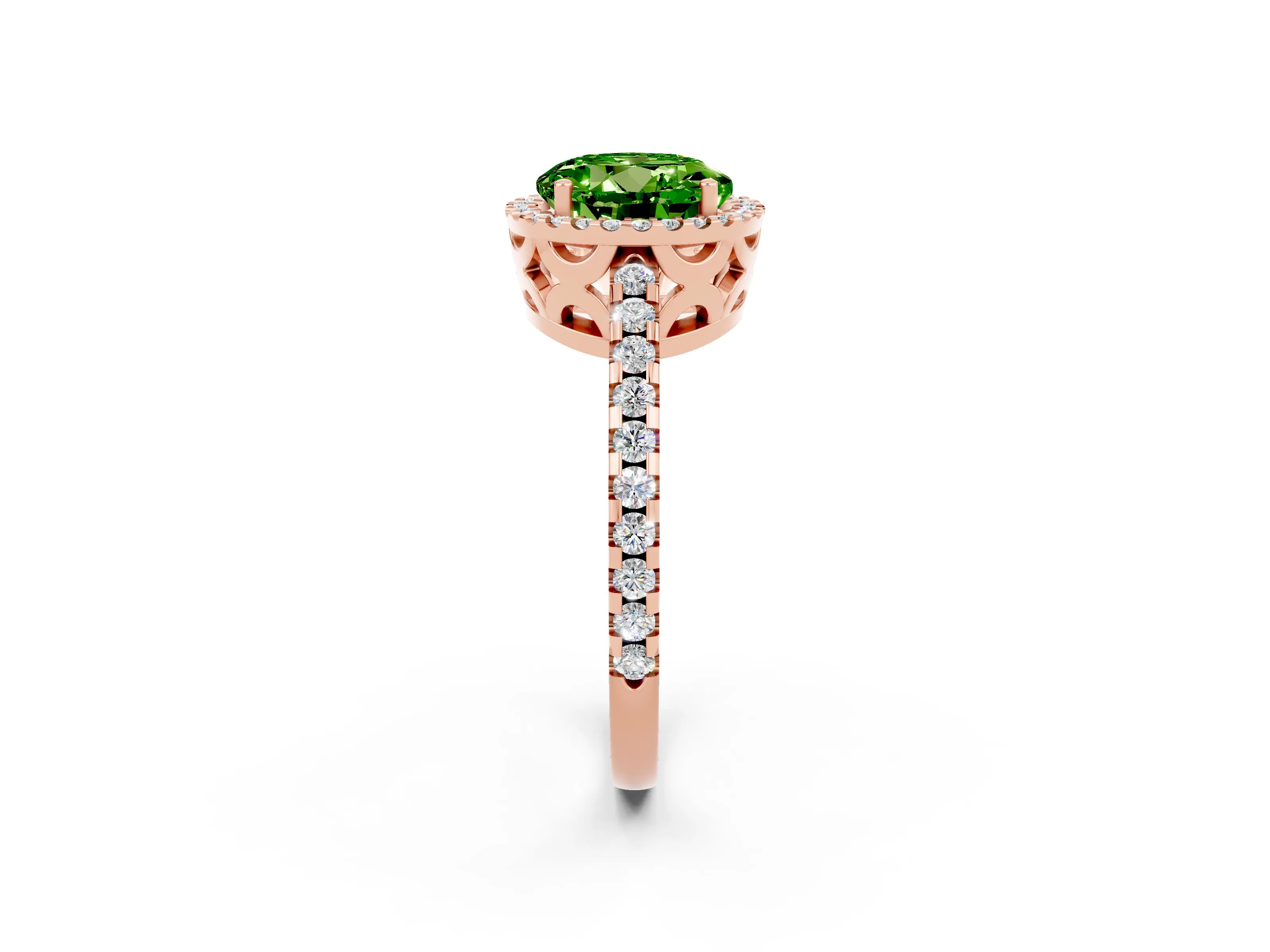Rose gold Round Cut Peridot Halo Engagement Ring with Pavé Band and Prong Setting_14