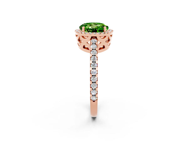 Rose gold Round Cut Peridot Halo Engagement Ring with Pavé Band and Prong Setting