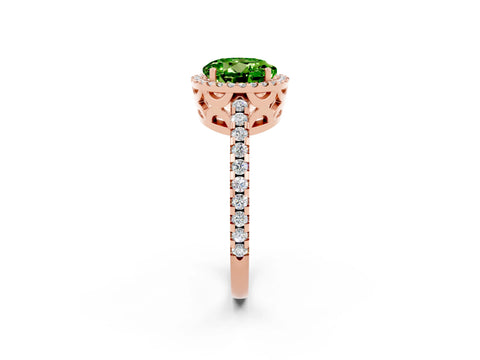 Rose gold Round Cut Peridot Halo Engagement Ring with Pavé Band and Prong Setting_14
