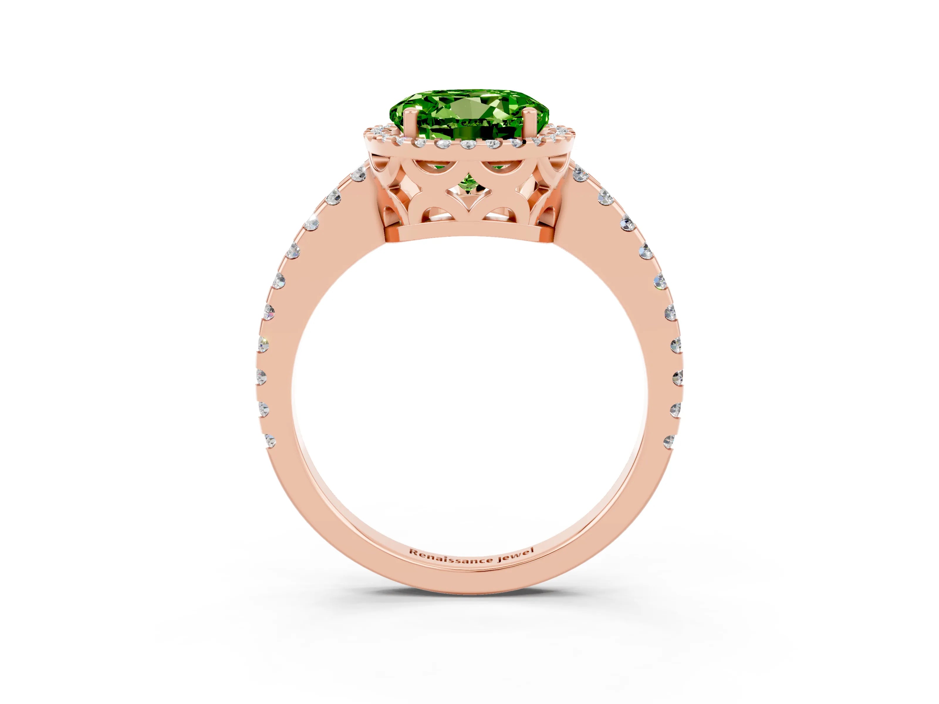 Rose gold Round Cut Peridot Halo Engagement Ring with Pavé Band and Prong Setting_15