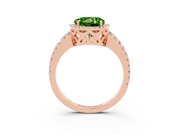 Rose gold Round Cut Peridot Halo Engagement Ring with Pavé Band and Prong Setting