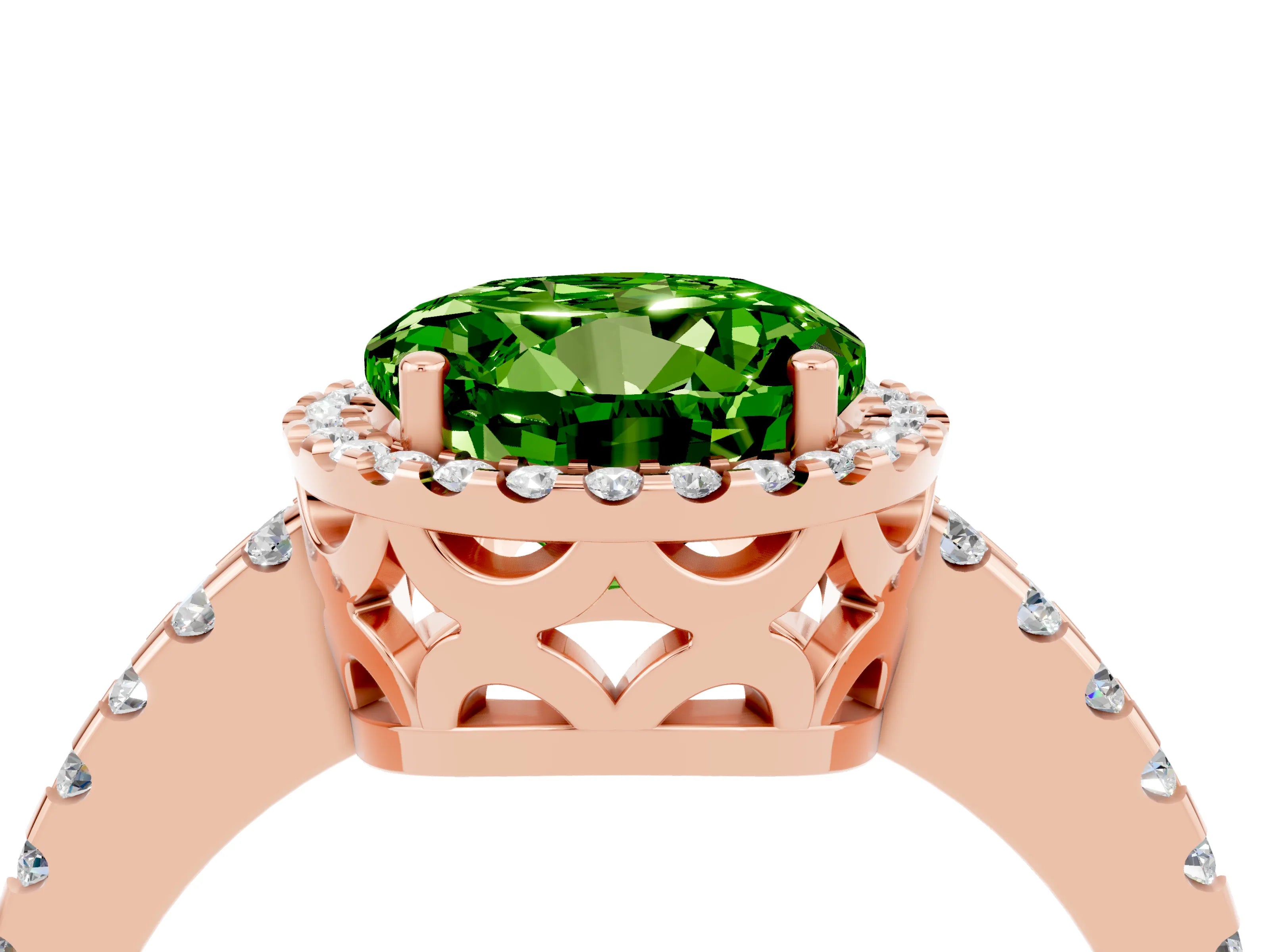 Rose gold Round Cut Peridot Halo Engagement Ring with Pavé Band and Prong Setting_16