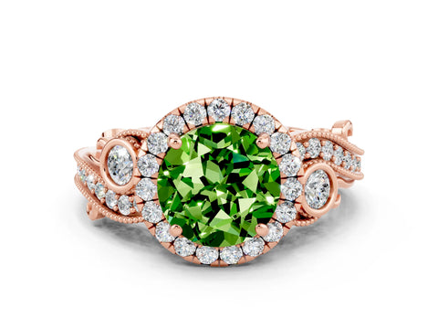 Rose gold Round Cut Peridot Halo Ring with Milgrain Pavé Band and Four-Prong Setting_12