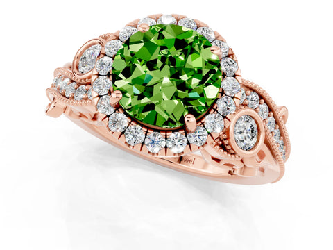 Rose gold Round Cut Peridot Halo Ring with Milgrain Pavé Band and Four-Prong Setting_13