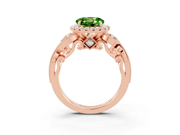 Rose gold Round Cut Peridot Halo Ring with Milgrain Pavé Band and Four-Prong Setting