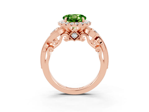 Rose gold Round Cut Peridot Halo Ring with Milgrain Pavé Band and Four-Prong Setting_15