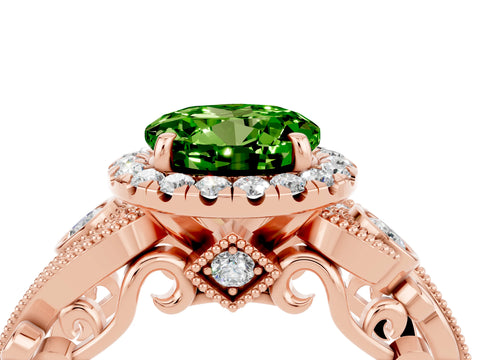 Rose gold Round Cut Peridot Halo Ring with Milgrain Pavé Band and Four-Prong Setting_16
