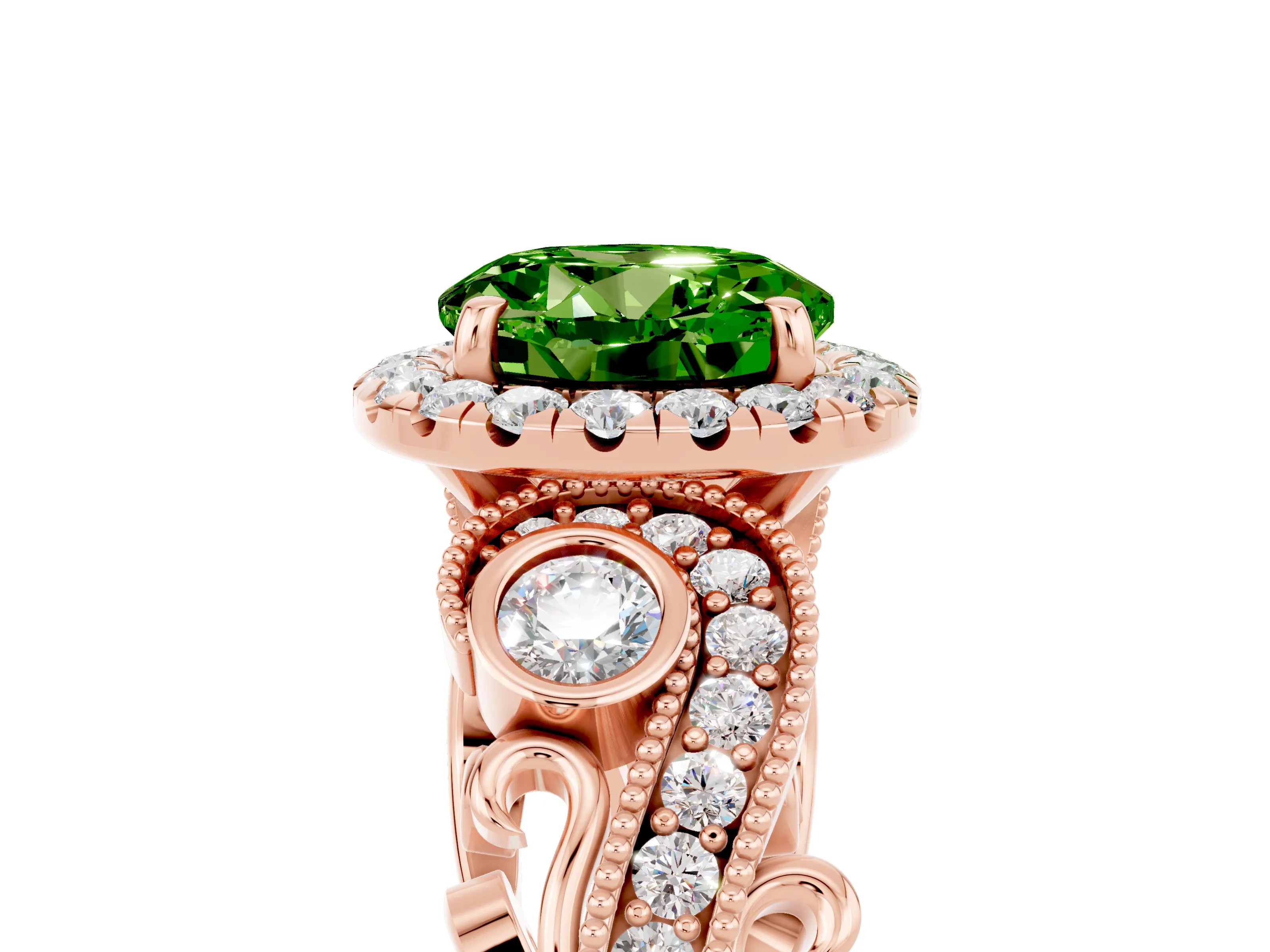 Rose gold Round Cut Peridot Halo Ring with Milgrain Pavé Band and Four-Prong Setting_17