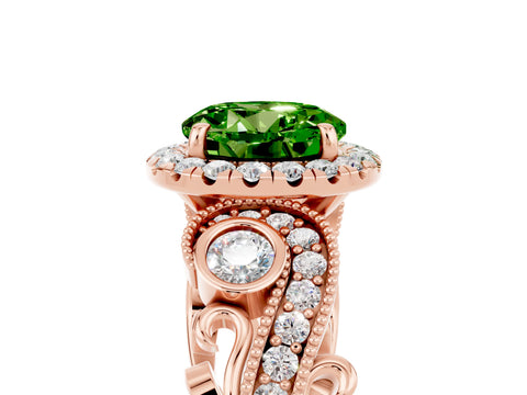 Rose gold Round Cut Peridot Halo Ring with Milgrain Pavé Band and Four-Prong Setting_17