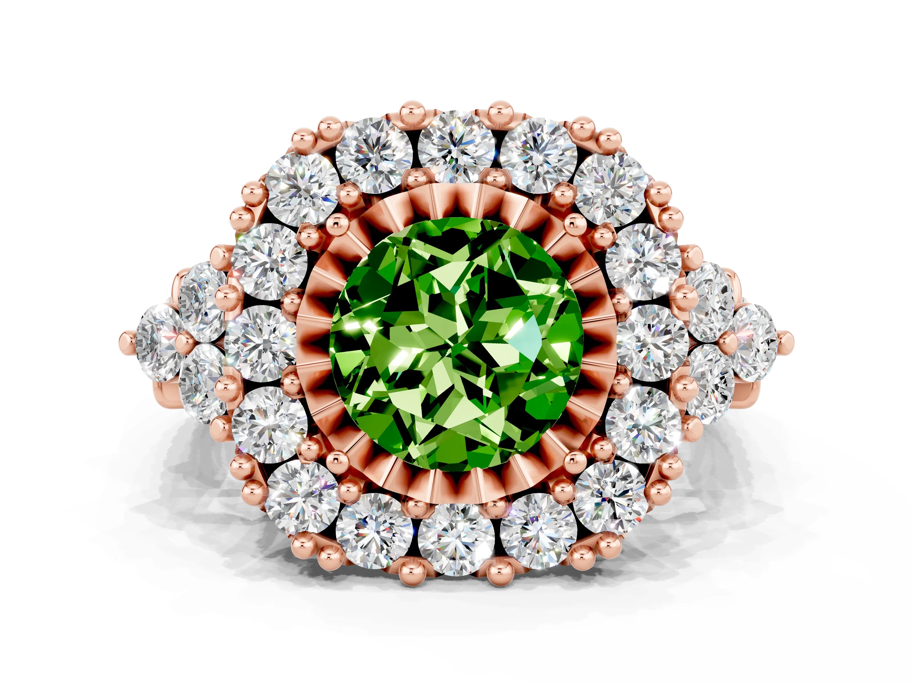 Rose gold Round Cut Peridot Halo Ring with Pavé Band and Four-Prong Setting_12
