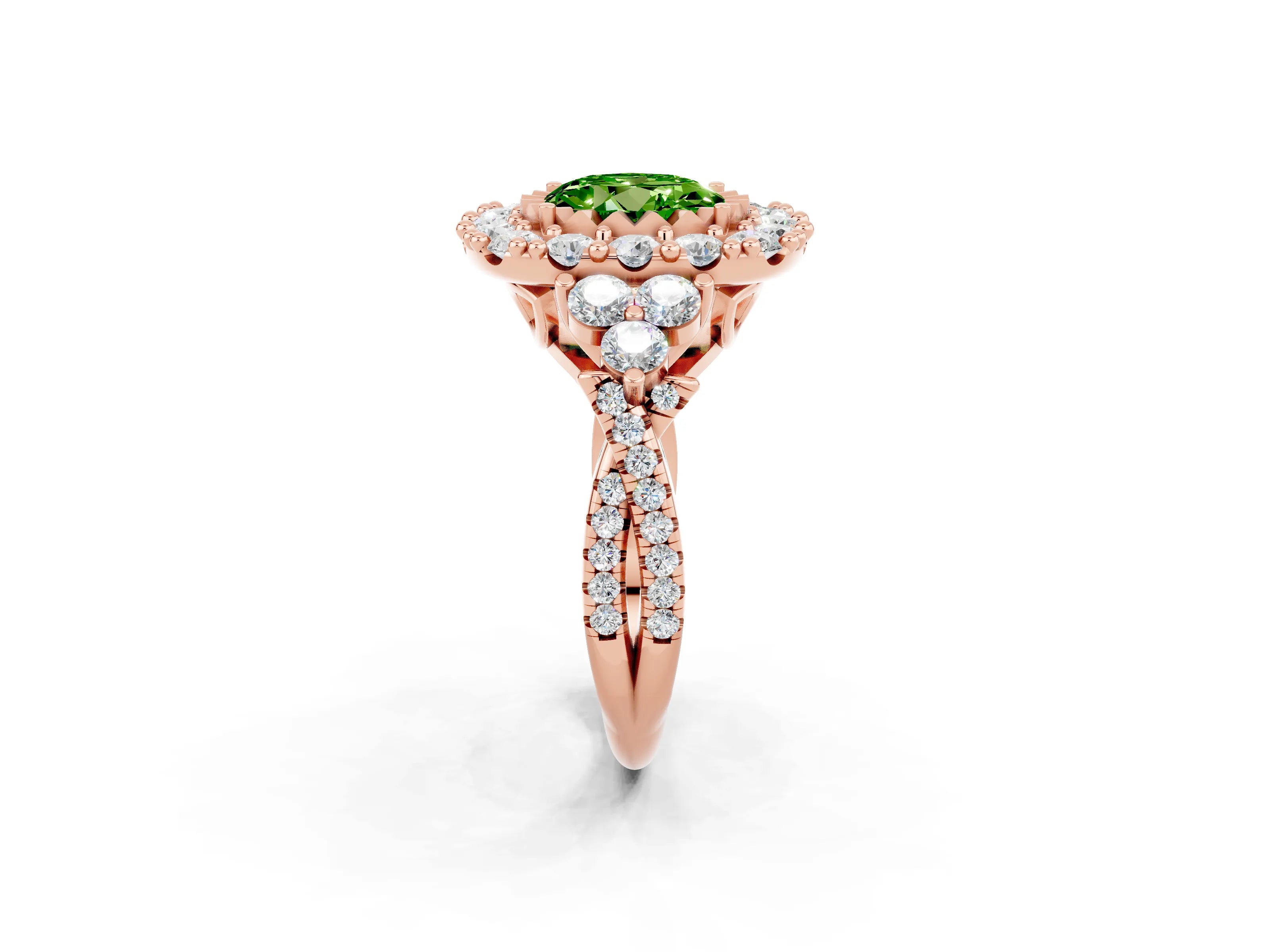 Rose gold Round Cut Peridot Halo Ring with Pavé Band and Four-Prong Setting_14