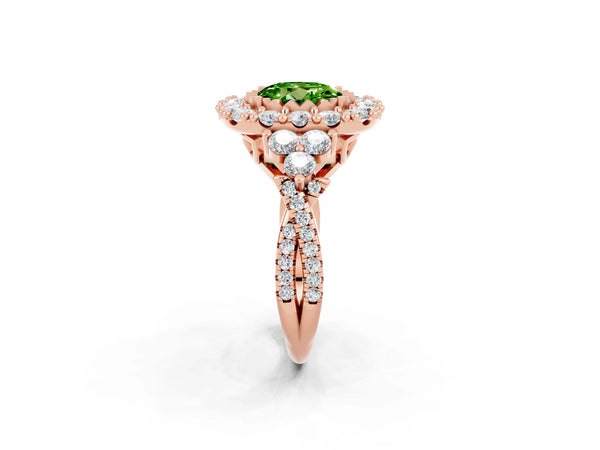 Rose gold Round Cut Peridot Halo Ring with Pavé Band and Four-Prong Setting