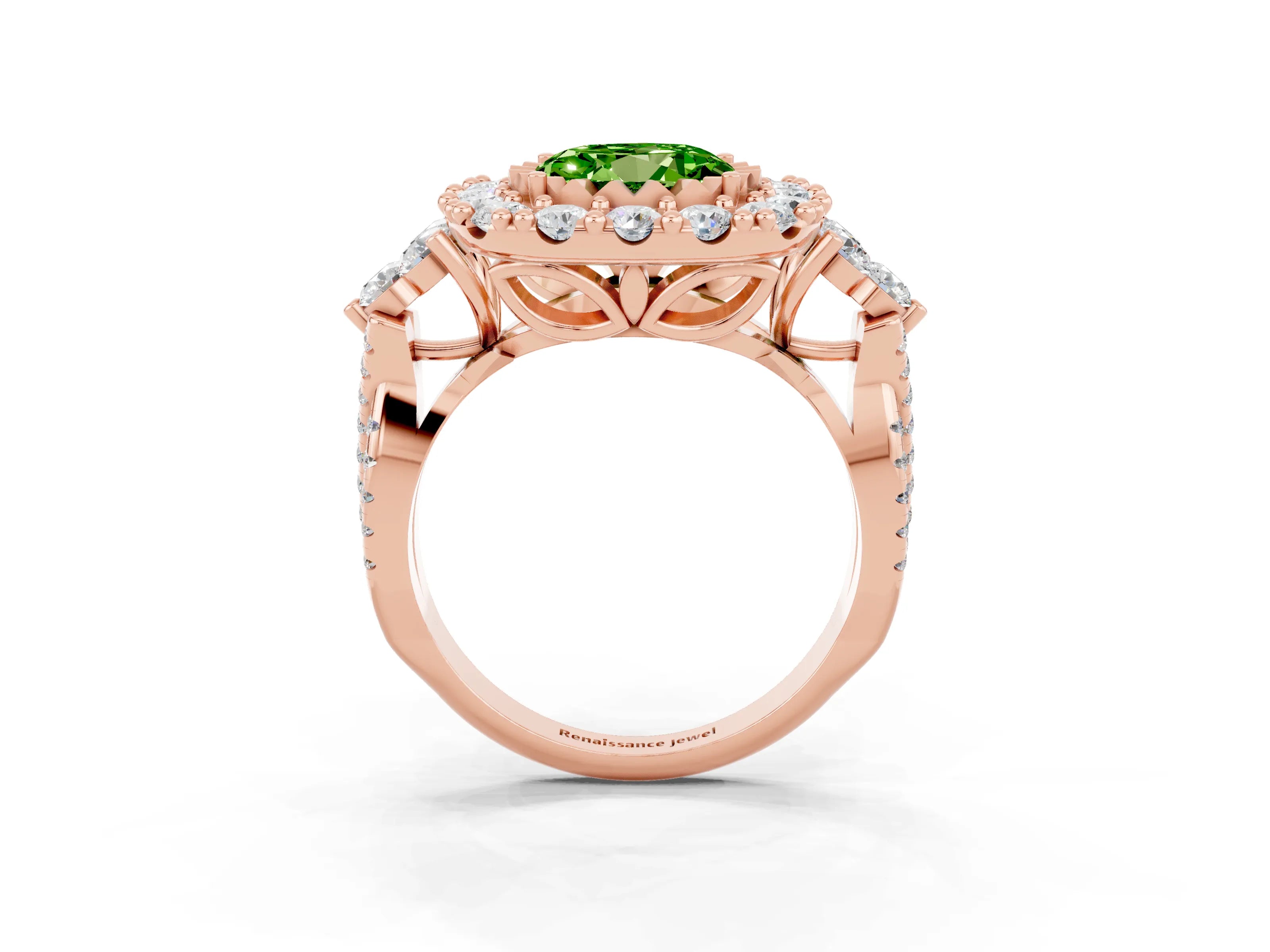 Rose gold Round Cut Peridot Halo Ring with Pavé Band and Four-Prong Setting_15