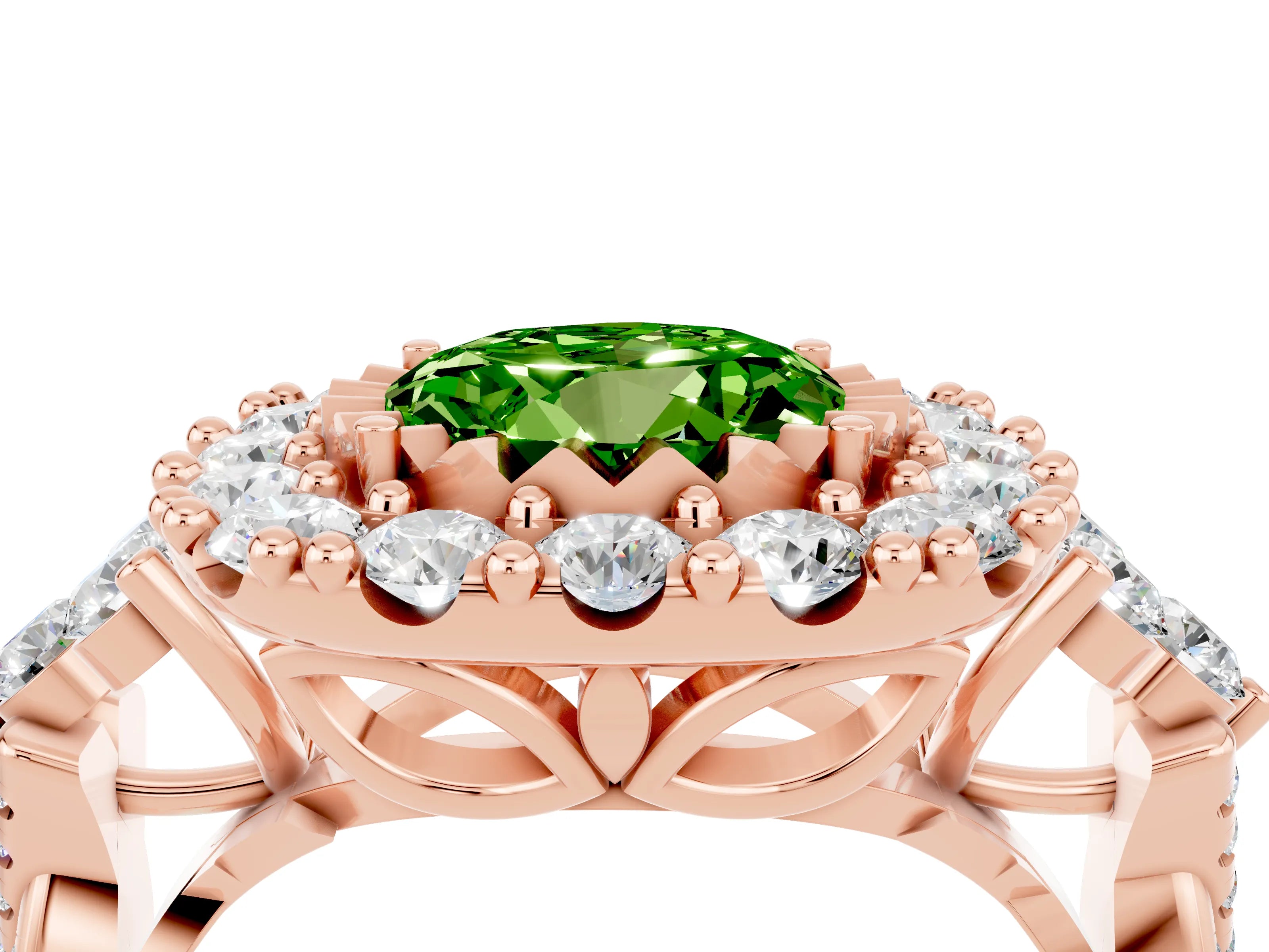 Rose gold Round Cut Peridot Halo Ring with Pavé Band and Four-Prong Setting_16