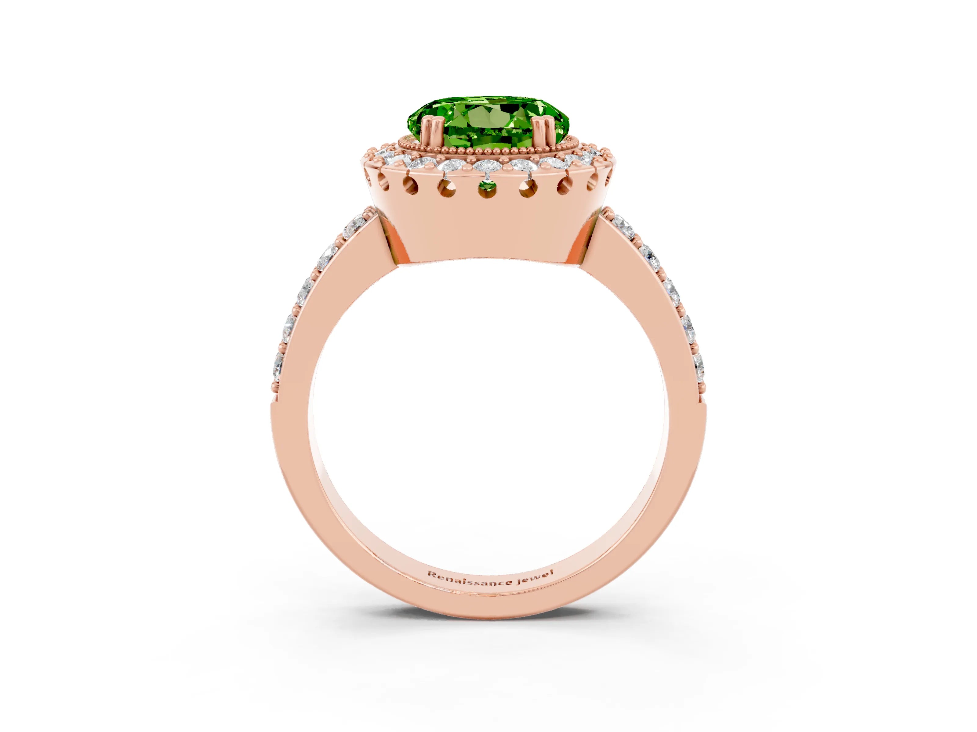 Rose gold Round Cut Peridot Halo Ring with Pavé Band and Prong Setting_3