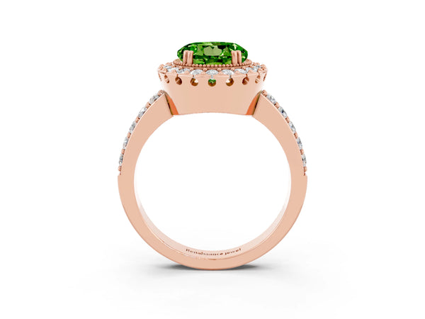 Rose gold Round Cut Peridot Halo Ring with Pavé Band and Prong Setting