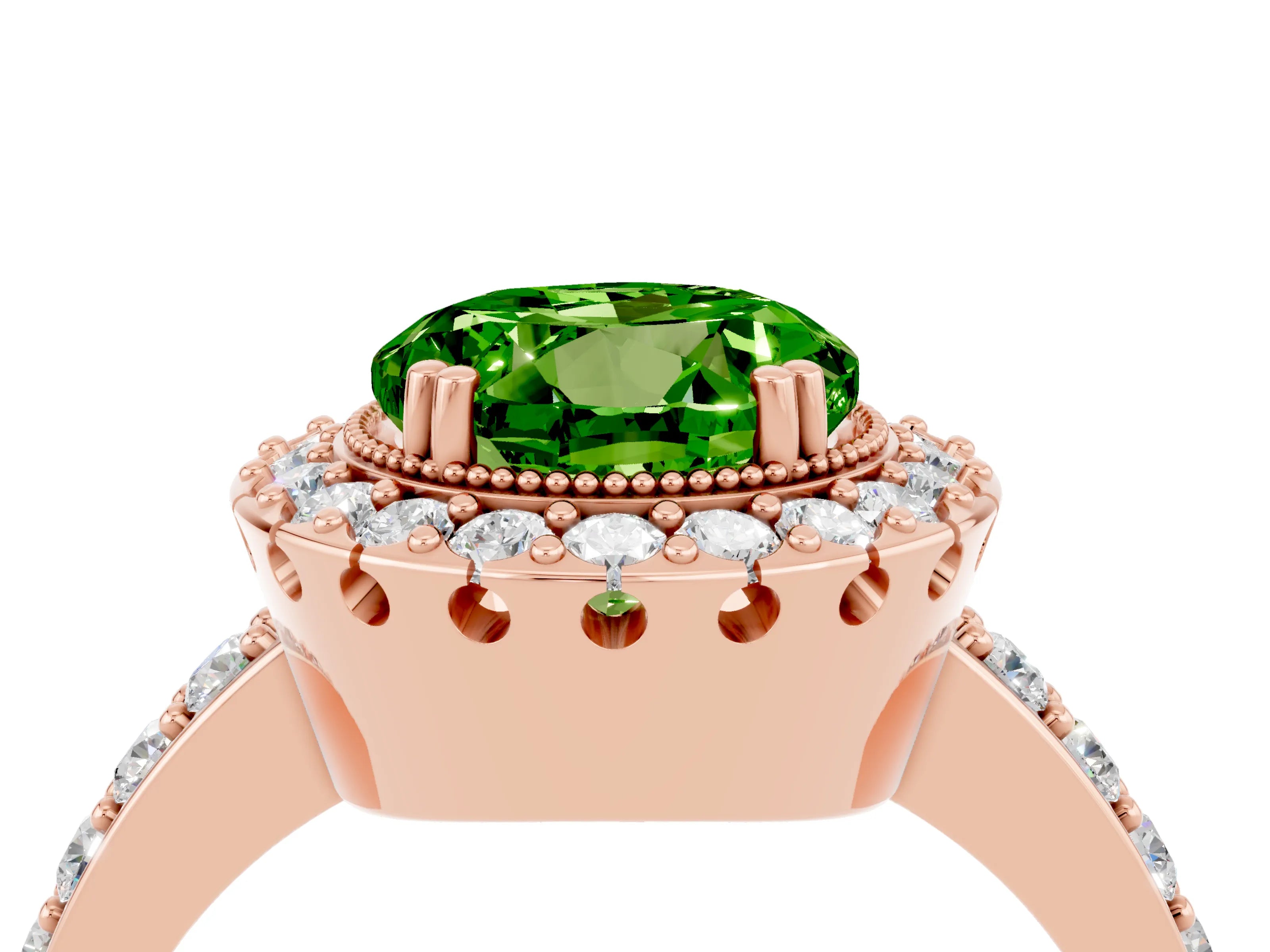 Rose gold Round Cut Peridot Halo Ring with Pavé Band and Prong Setting_4