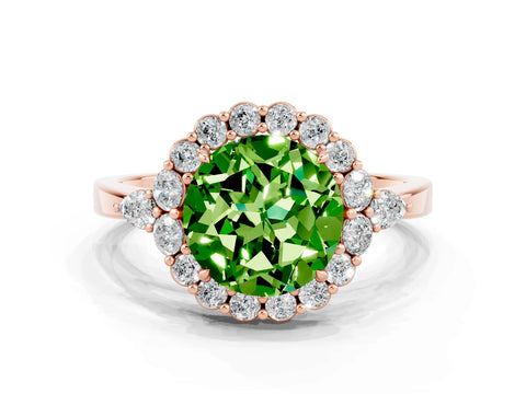 Rose gold Round Cut Peridot Halo Ring with Pear Side Stones and Prong Setting_12