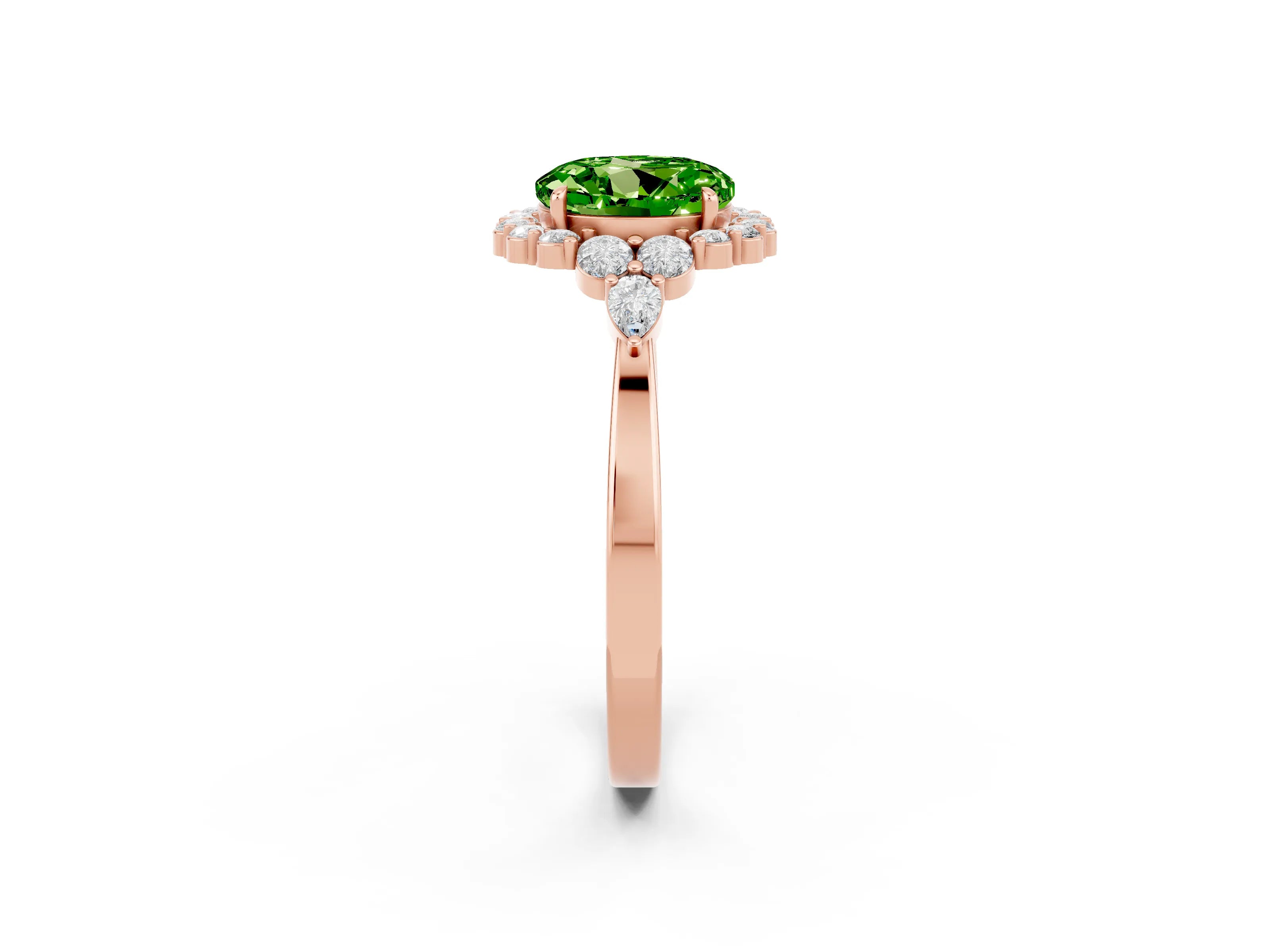 Rose gold Round Cut Peridot Halo Ring with Pear Side Stones and Prong Setting_14