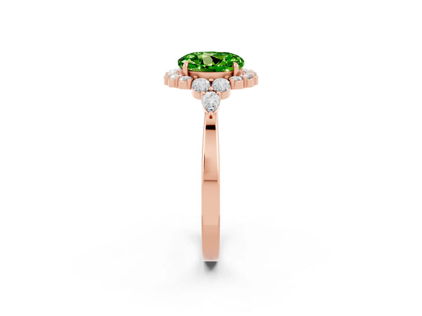 Rose gold Round Cut Peridot Halo Ring with Pear Side Stones and Prong Setting
