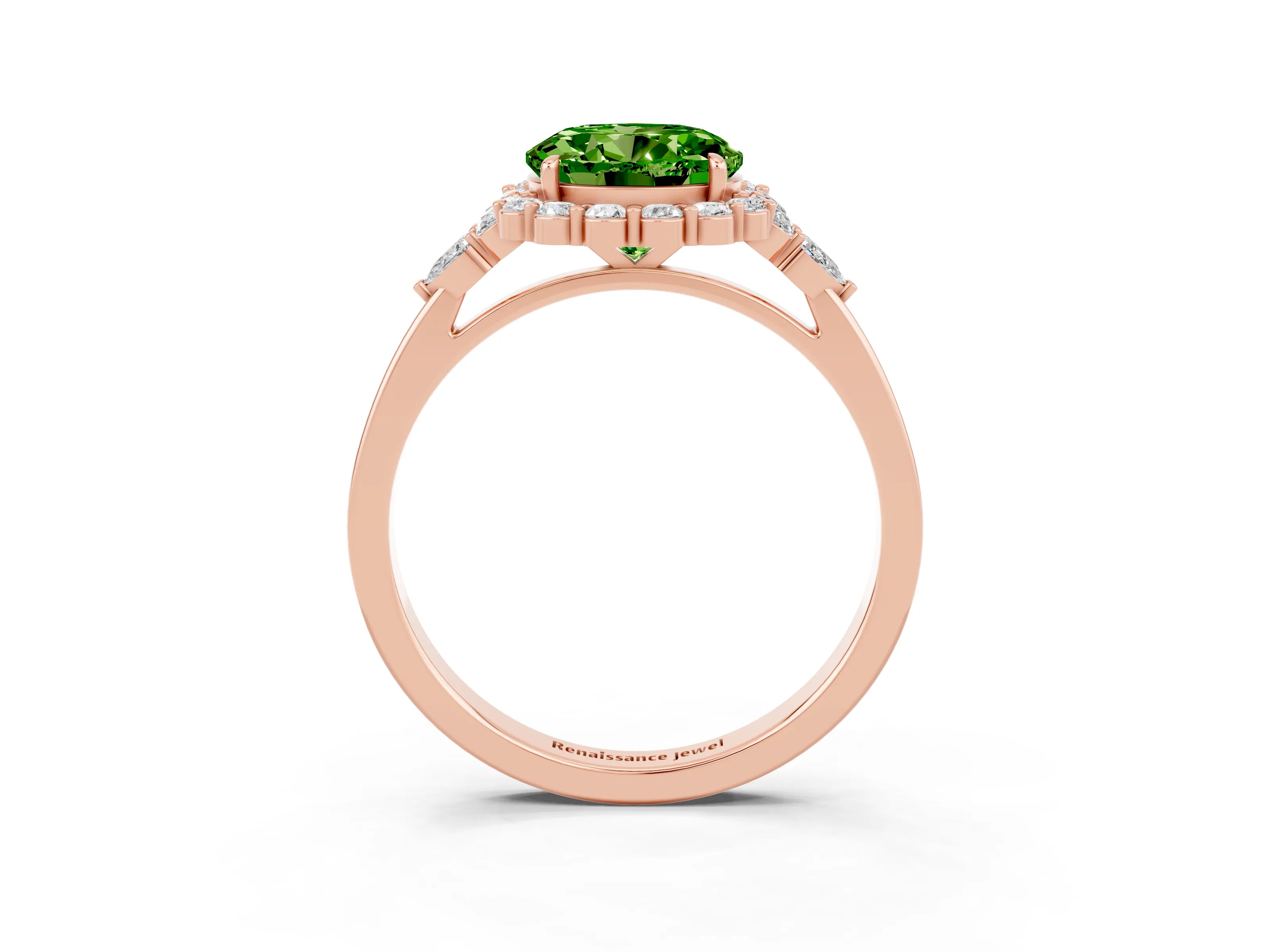 Rose gold Round Cut Peridot Halo Ring with Pear Side Stones and Prong Setting_15