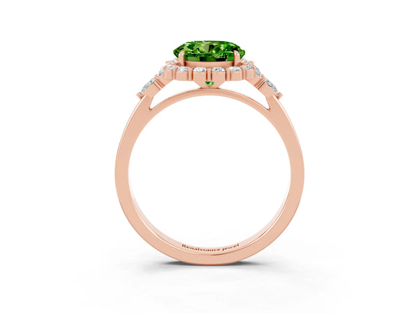 Rose gold Round Cut Peridot Halo Ring with Pear Side Stones and Prong Setting