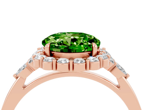 Rose gold Round Cut Peridot Halo Ring with Pear Side Stones and Prong Setting_16