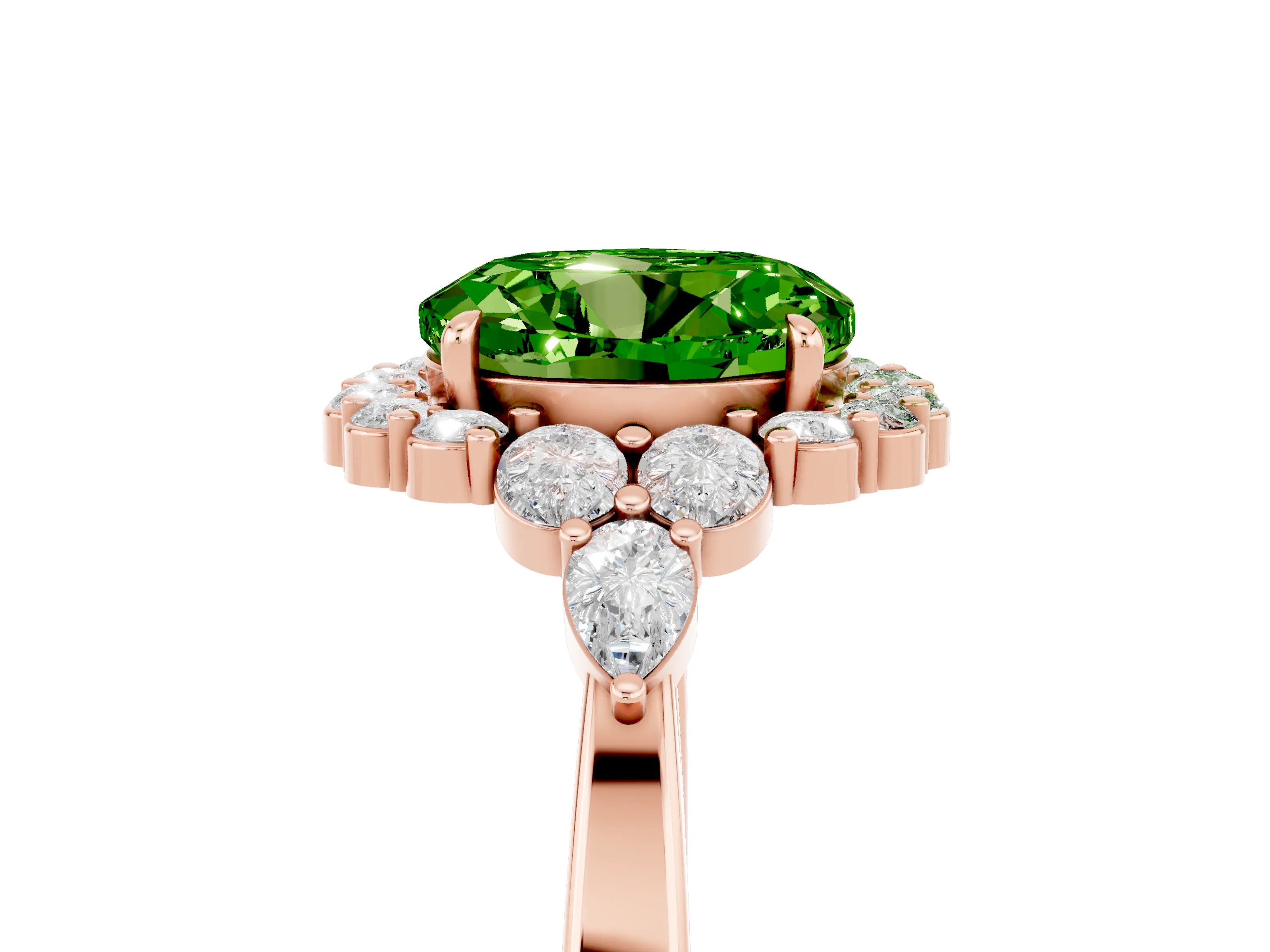 Rose gold Round Cut Peridot Halo Ring with Pear Side Stones and Prong Setting_17