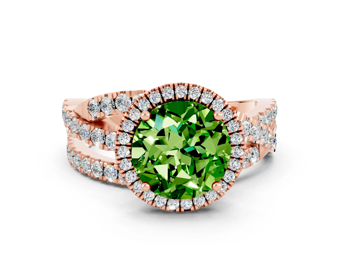 Rose gold Round Cut Peridot Halo Ring with Round Split Shank and Prong Setting_48