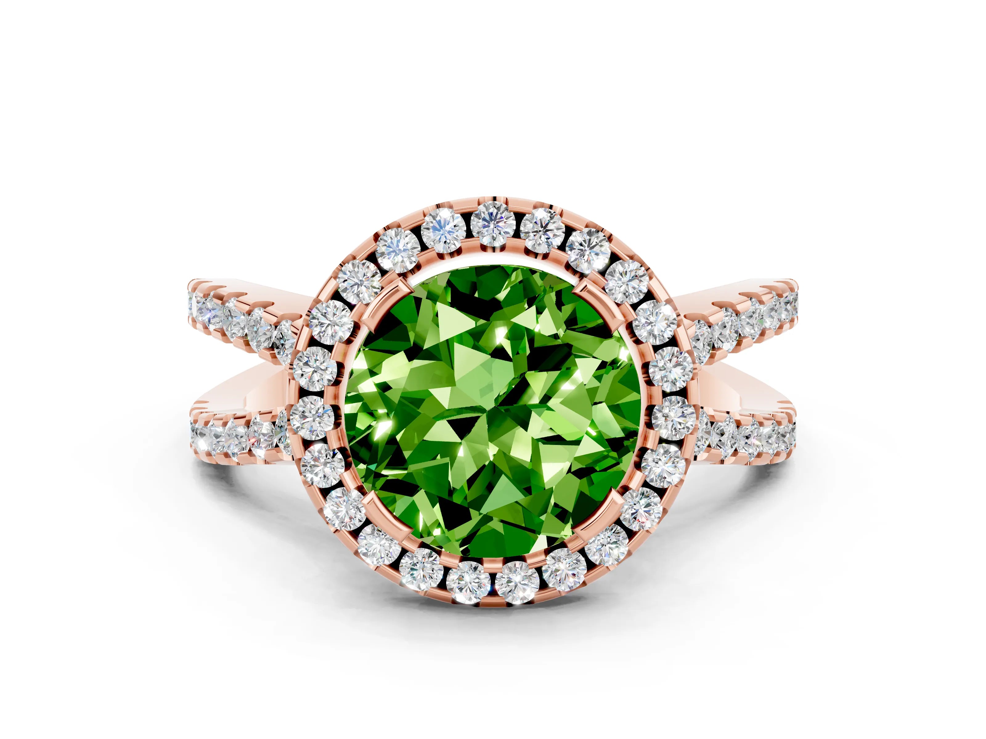 Rose gold Round Cut Peridot Halo Ring with Split Shank Pavé Band and Prong Setting