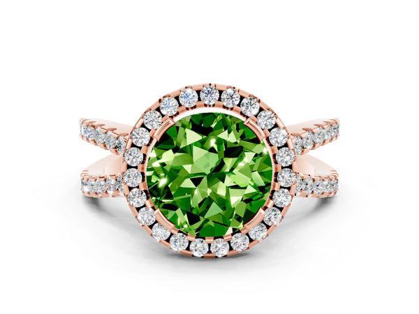 Rose gold Round Cut Peridot Halo Ring with Split Shank Pavé Band and Prong Setting