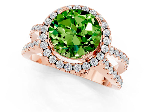 Rose gold Round Cut Peridot Halo Ring with Split Shank Pavé Band and Prong Setting