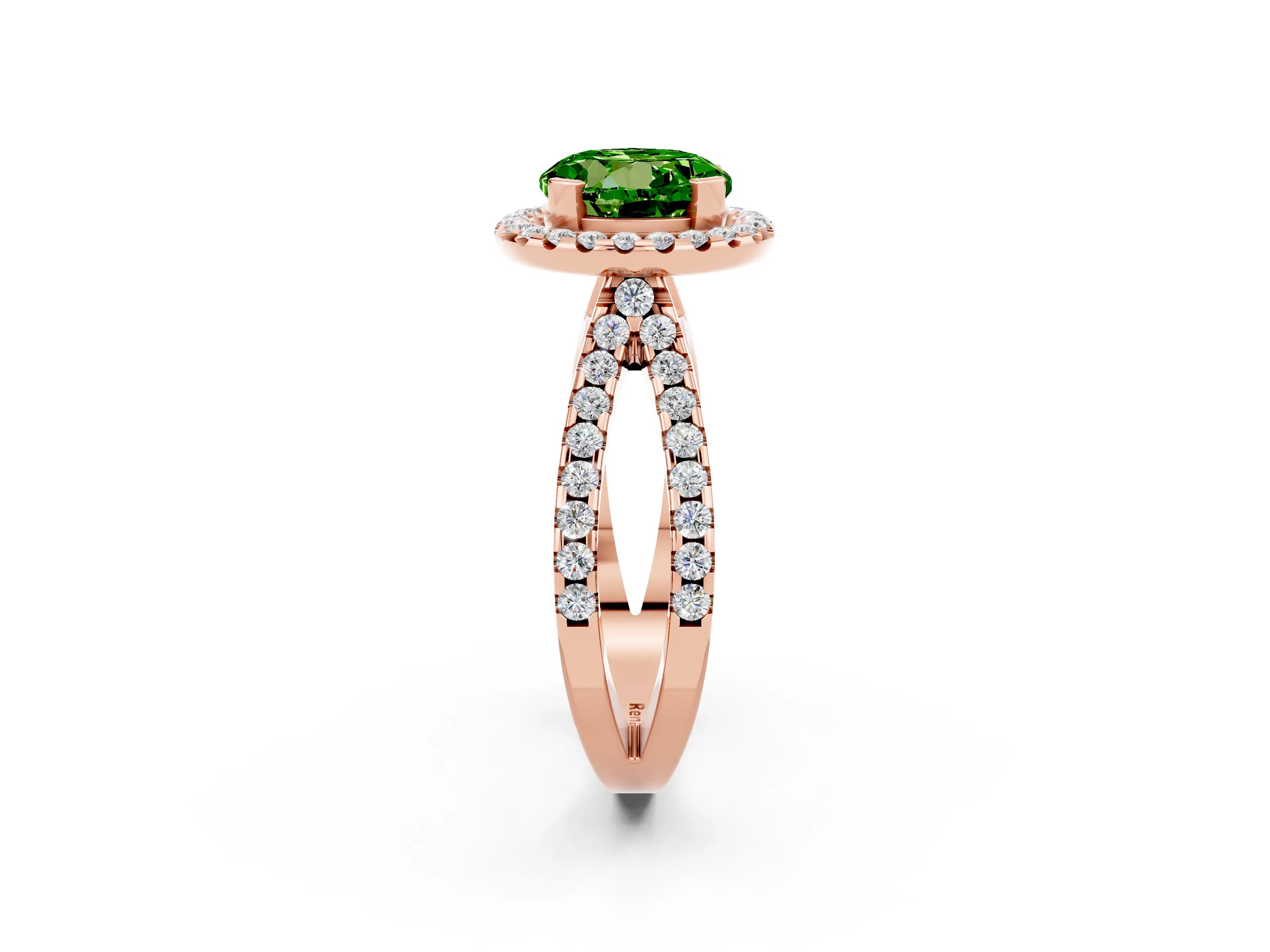 Rose gold Round Cut Peridot Halo Ring with Split Shank Pavé Band and Prong Setting_2