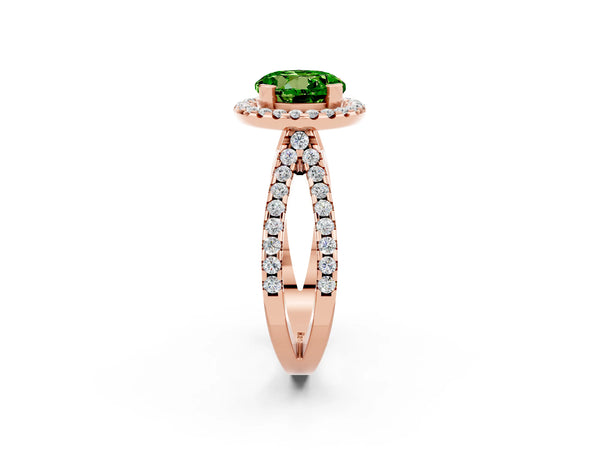 Rose gold Round Cut Peridot Halo Ring with Split Shank Pavé Band and Prong Setting