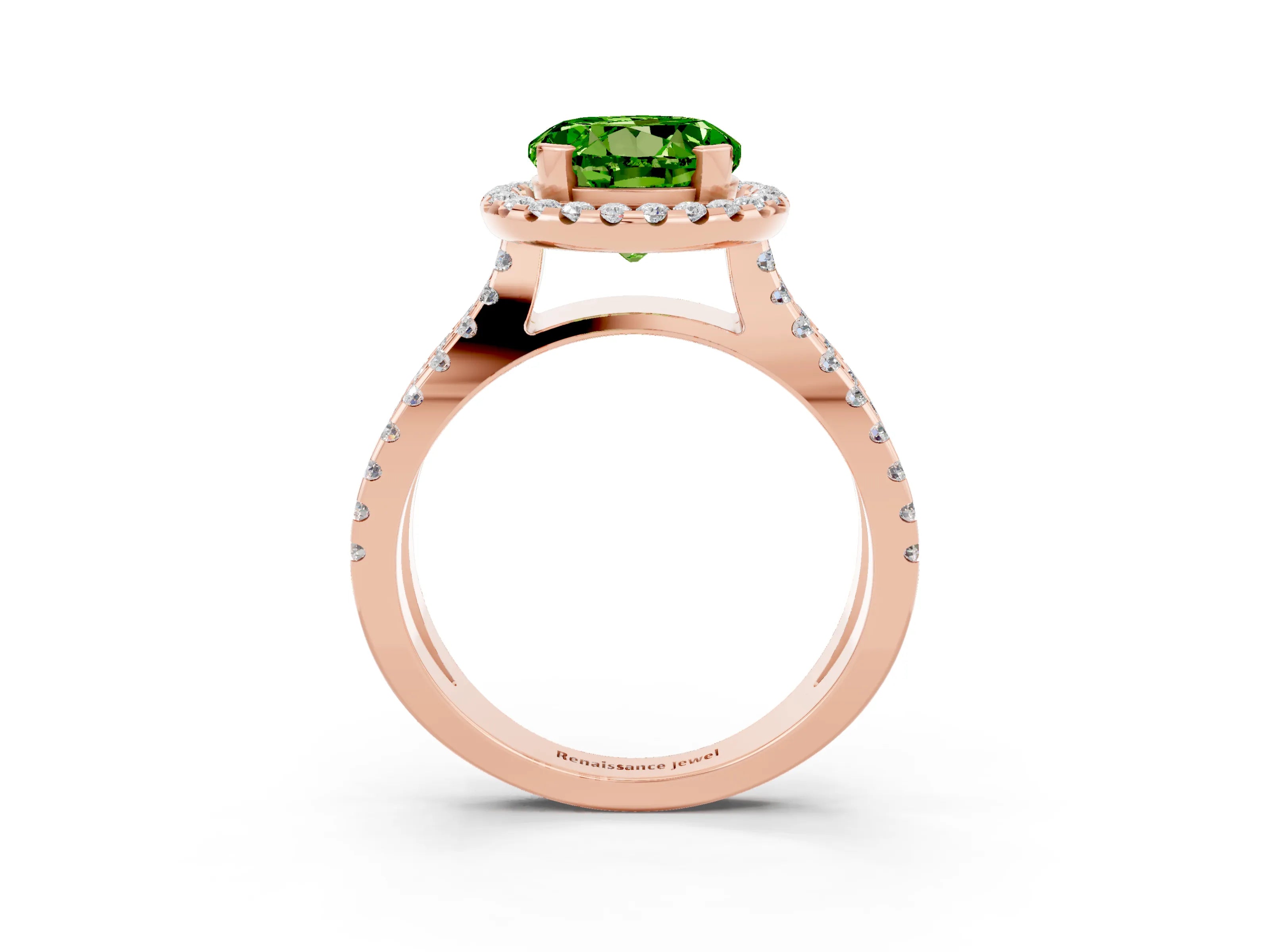 Rose gold Round Cut Peridot Halo Ring with Split Shank Pavé Band and Prong Setting_3