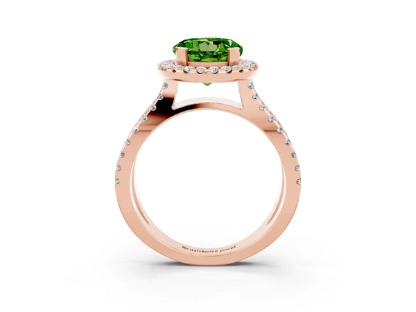 Rose gold Round Cut Peridot Halo Ring with Split Shank Pavé Band and Prong Setting