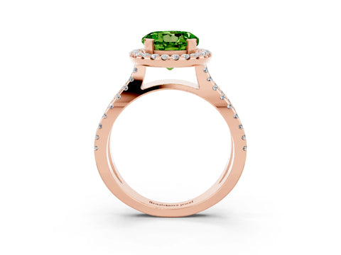 Rose gold Round Cut Peridot Halo Ring with Split Shank Pavé Band and Prong Setting_3