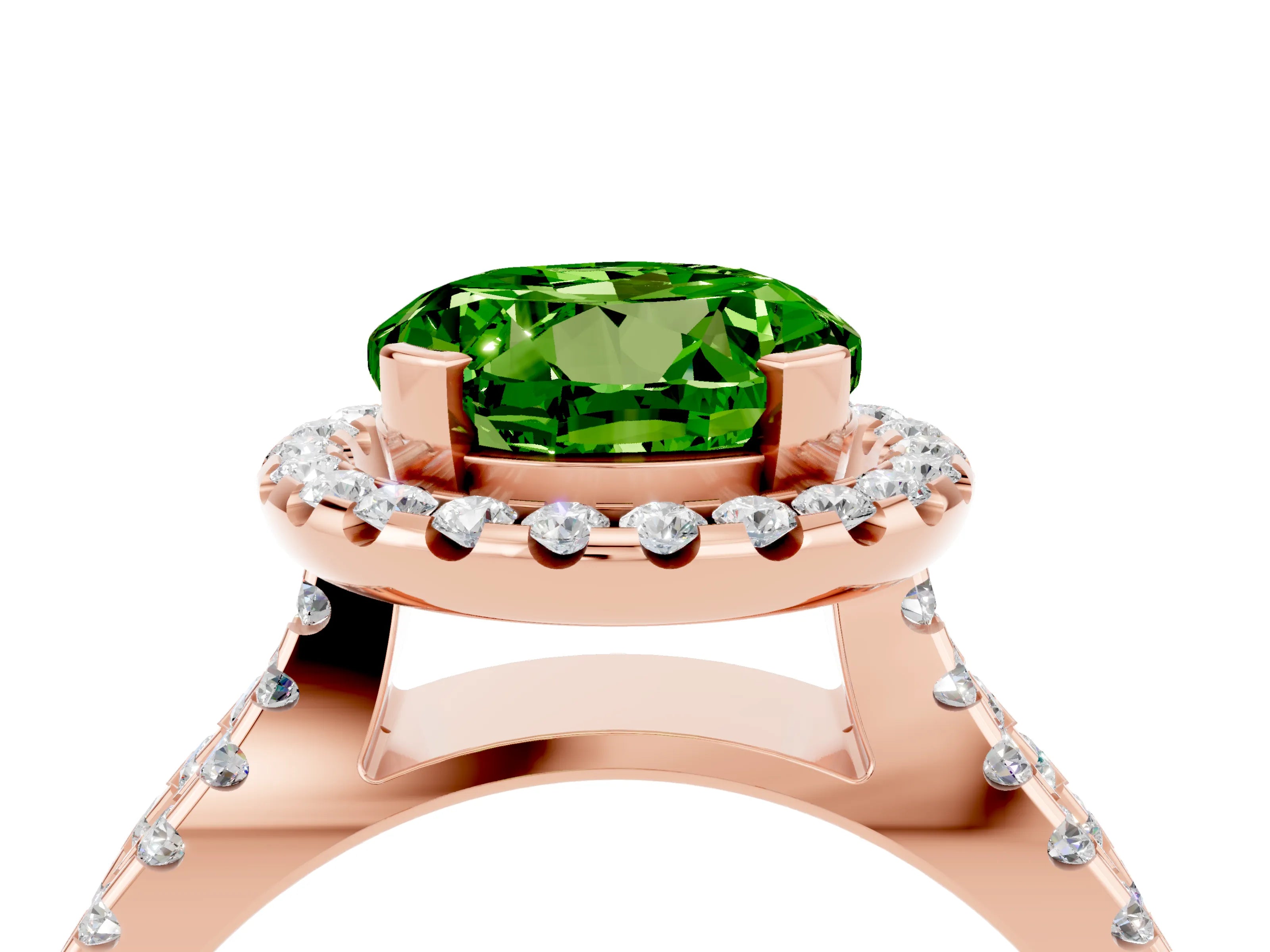 Rose gold Round Cut Peridot Halo Ring with Split Shank Pavé Band and Prong Setting_4