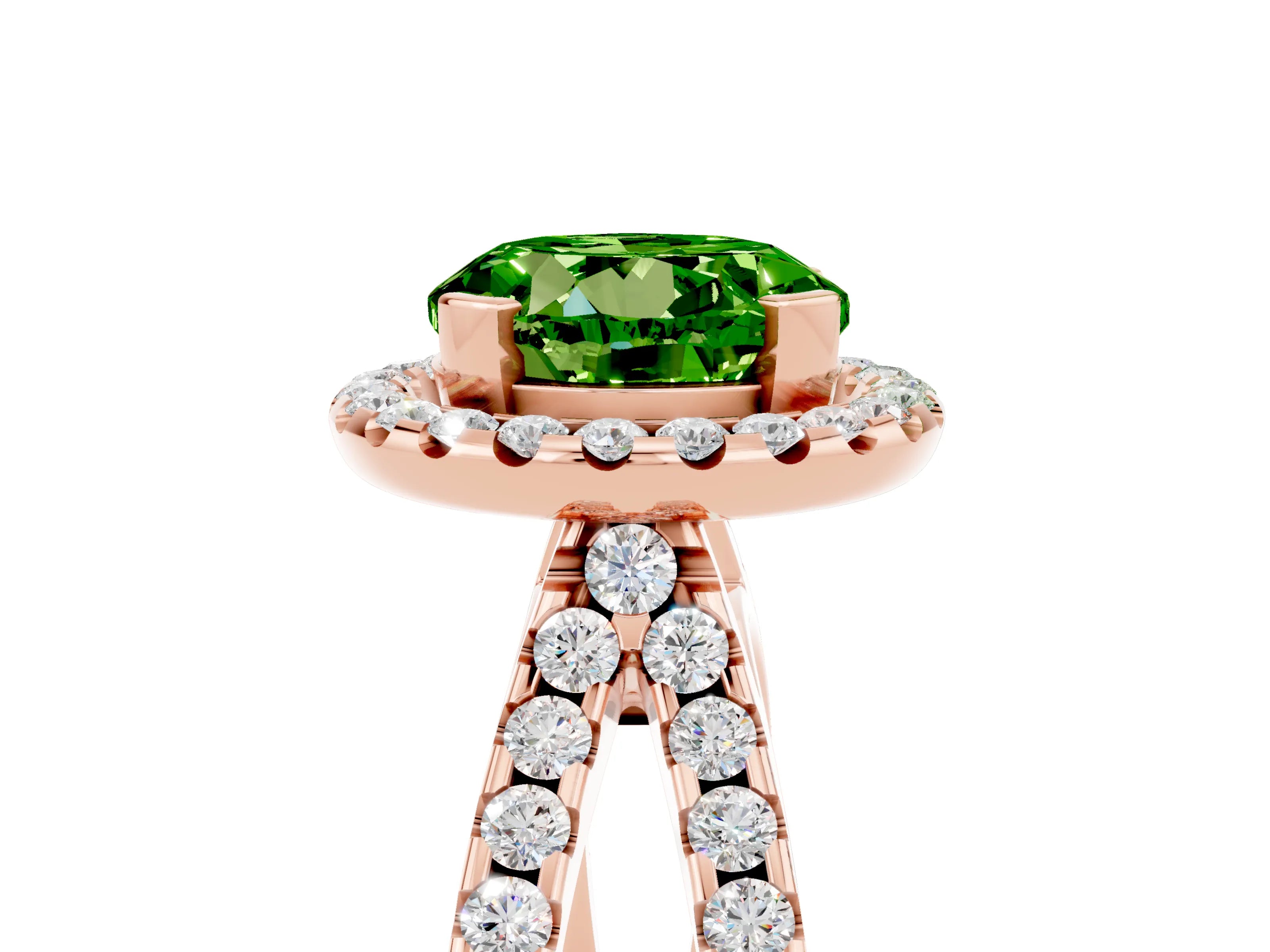 Rose gold Round Cut Peridot Halo Ring with Split Shank Pavé Band and Prong Setting_5