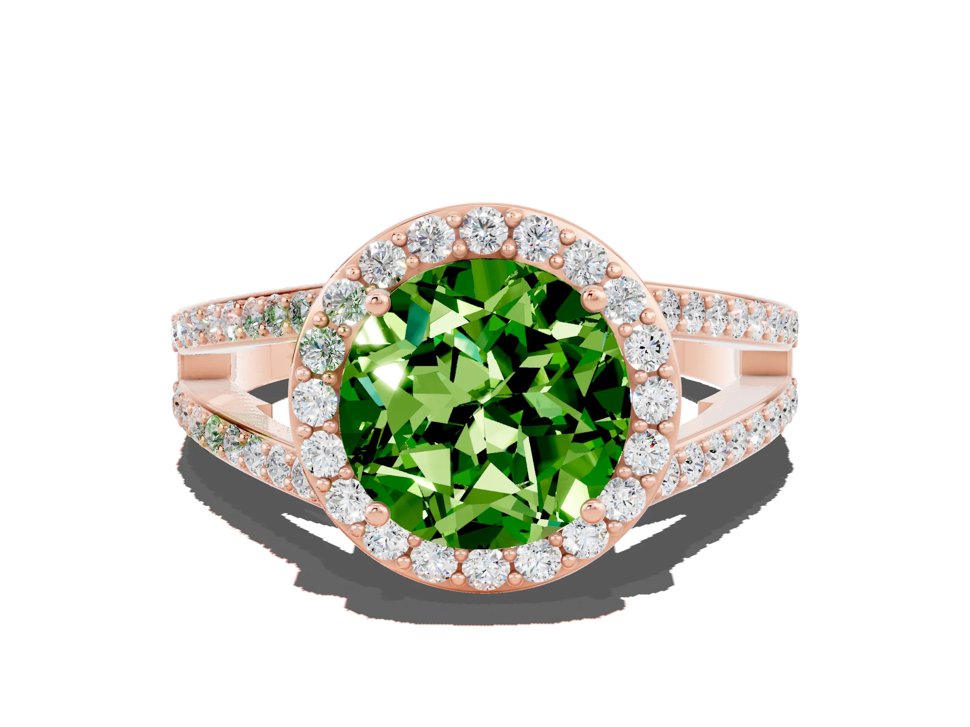 Rose gold Round Cut Peridot Halo Ring with Split Shank U-Prong Band and Four-Prong Setting