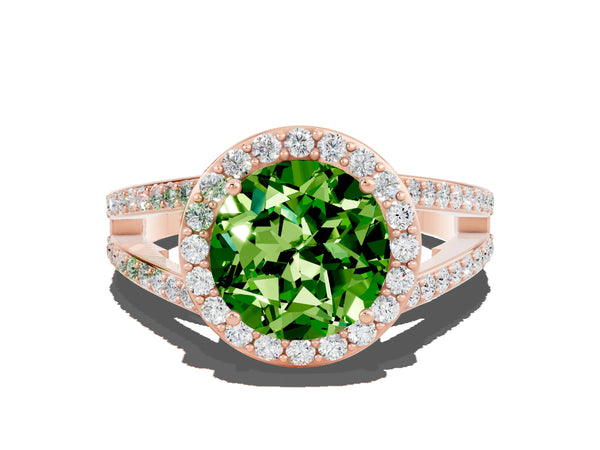 Rose gold Round Cut Peridot Halo Ring with Split Shank U-Prong Band and Four-Prong Setting