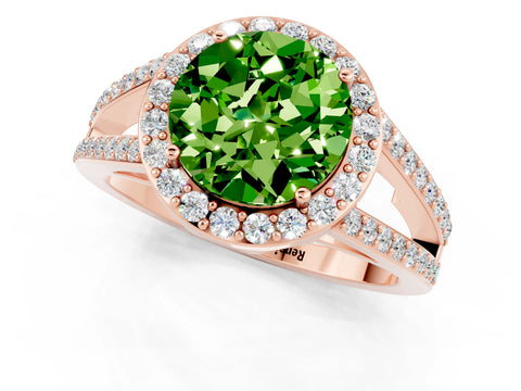 Rose gold Round Cut Peridot Halo Ring with Split Shank U-Prong Band and Four-Prong Setting_1