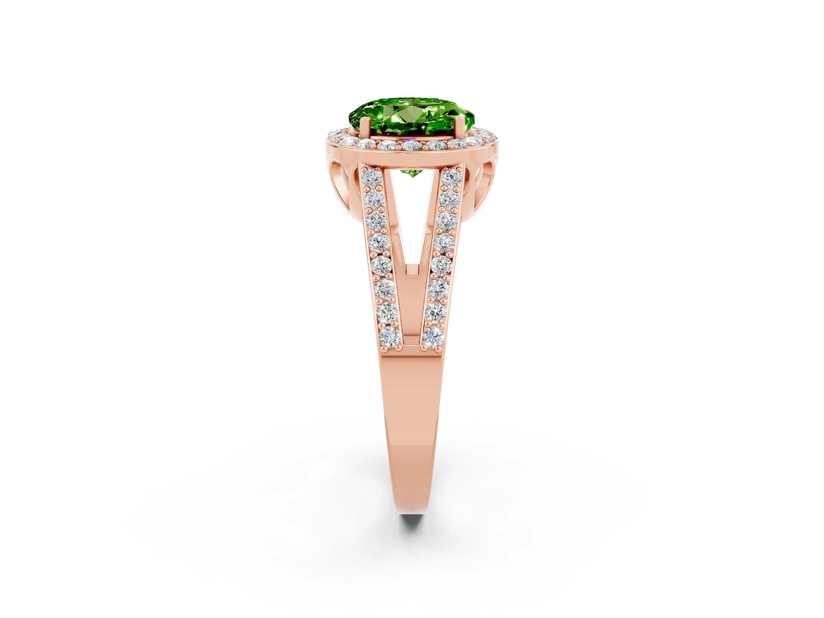 Rose gold Round Cut Peridot Halo Ring with Split Shank U-Prong Band and Four-Prong Setting_2
