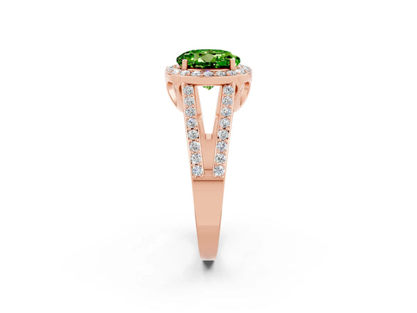 Rose gold Round Cut Peridot Halo Ring with Split Shank U-Prong Band and Four-Prong Setting