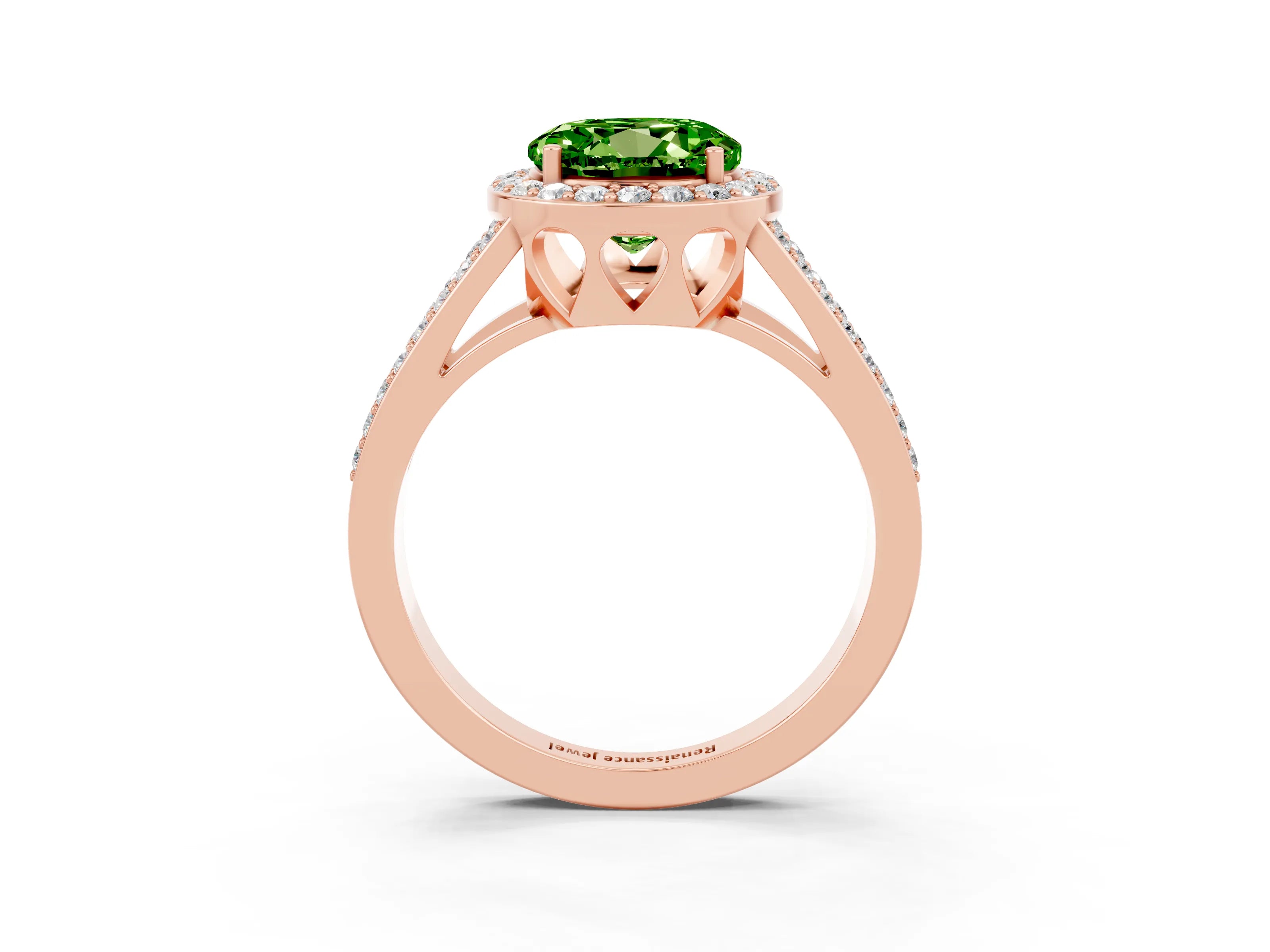 Rose gold Round Cut Peridot Halo Ring with Split Shank U-Prong Band and Four-Prong Setting_3