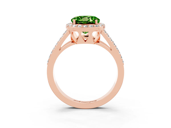 Rose gold Round Cut Peridot Halo Ring with Split Shank U-Prong Band and Four-Prong Setting