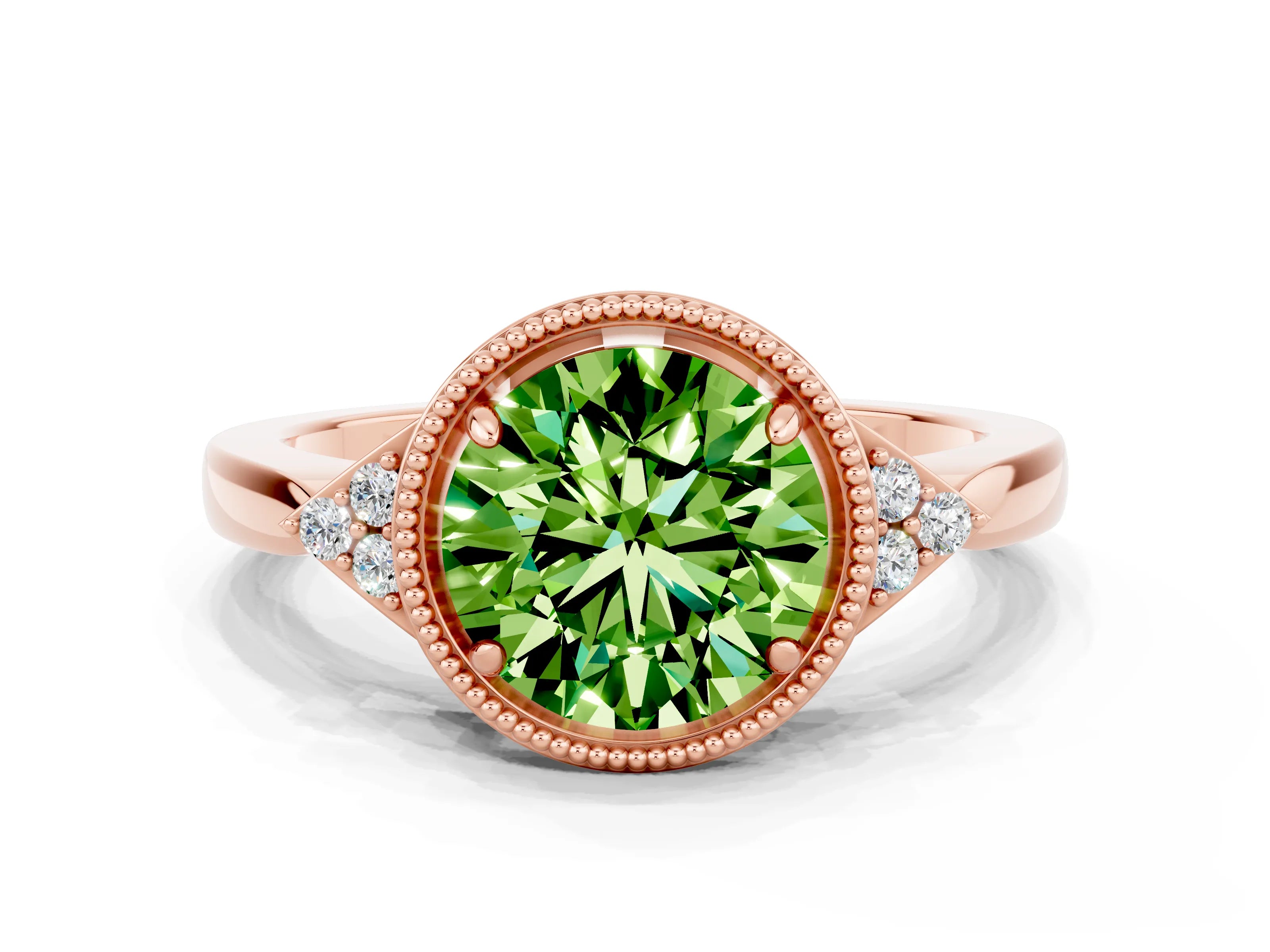 Rose gold Round Cut Peridot Halo Ring with Tapered Band and Four-Prong Setting